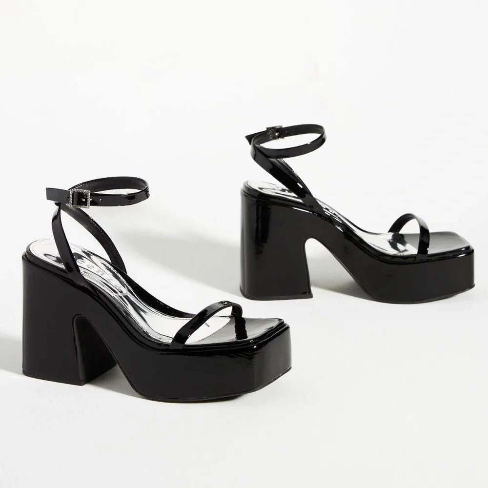 Vicenza Black Patent Leather Strappy Platform Heels - Picture 2 of 5